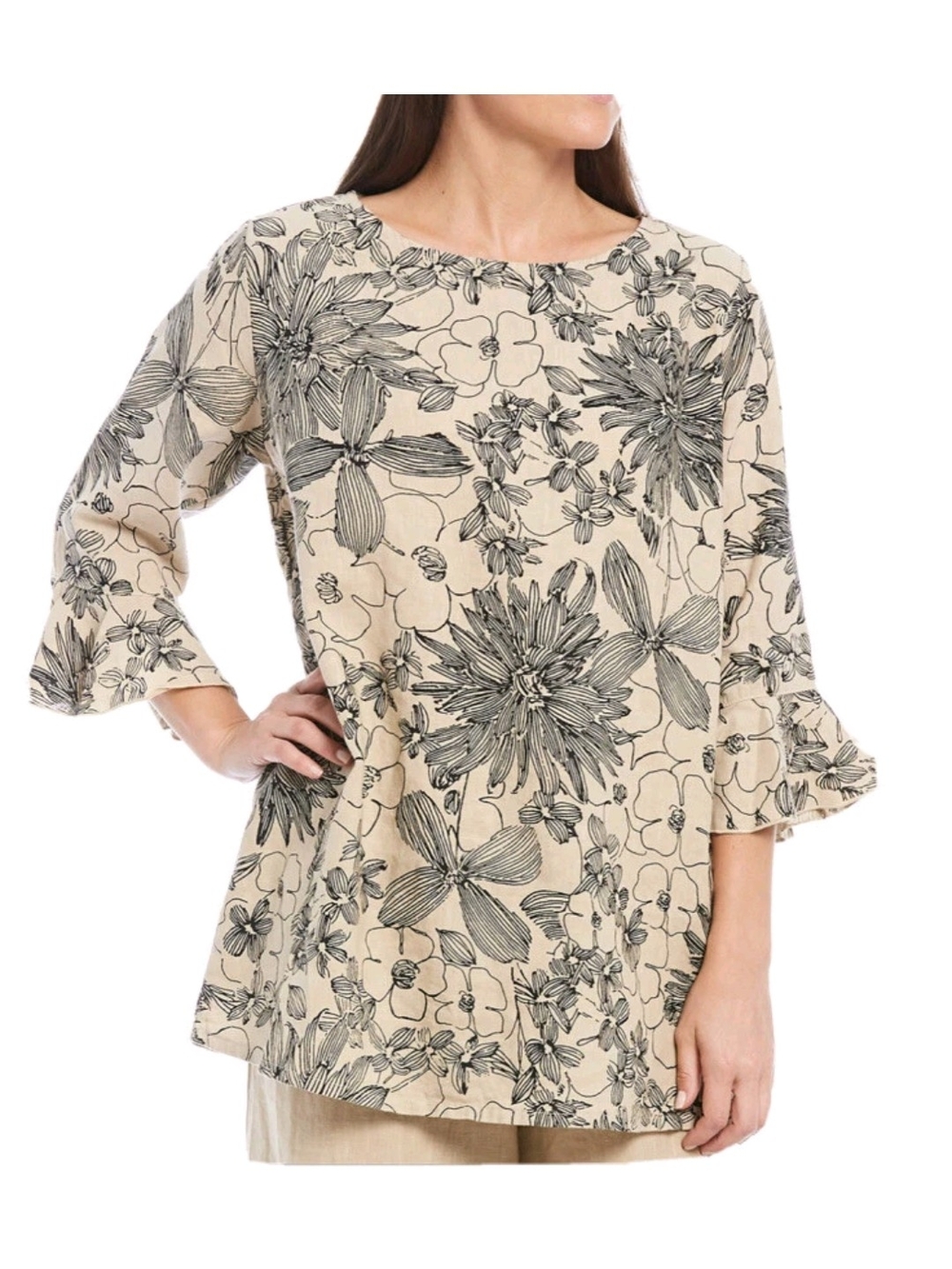 Bryn Walker Linen Floral Print Chiara 3/4 Ruffle Sleeve Blouse Size Small